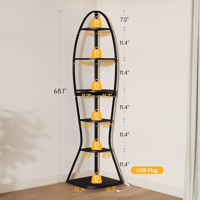 Artistic Fish-Inspired Corner Shelf with LED Lights, 6-Tier Tall Corner Bookshelf with Multi-Depth Display, Space-Saving Storage Unit with Remote Control for Bedroom & Living Room