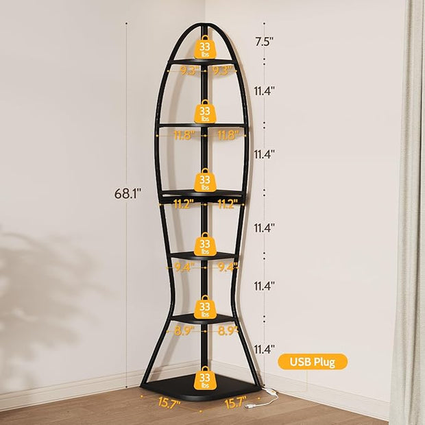 Artistic Fish-Inspired Corner Shelf with LED Lights, 6-Tier Tall Corner Bookshelf with Multi-Depth Display, Space-Saving Storage Unit with Remote Control for Bedroom & Living Room