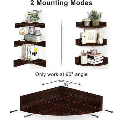 Alsonerbay Corner Shelf Wall Mount, Set of 3 Floating Shelves for Storage and Display, Rustic Wood Shelves for Bedroom, Kitchen, Living Room, Nursery and Office (Dark Brown)