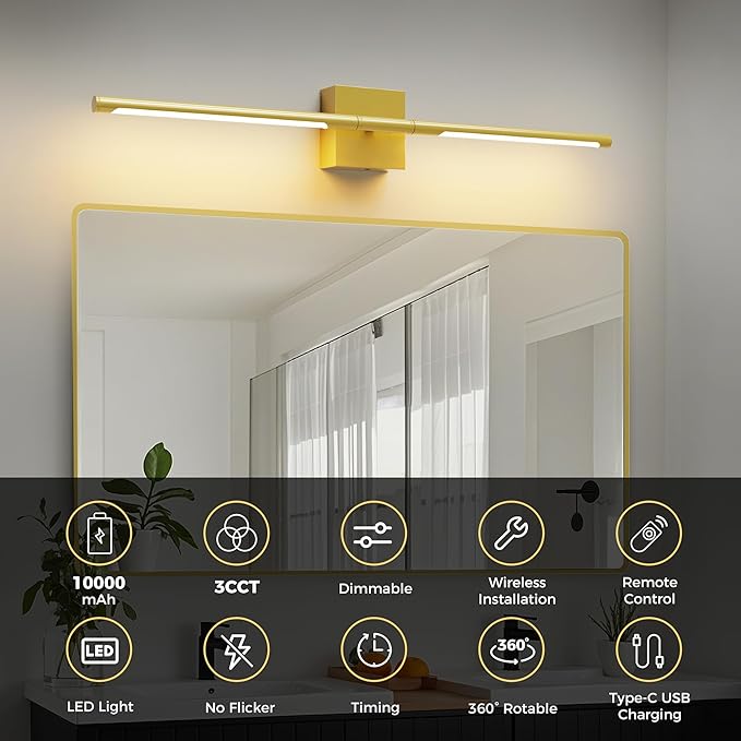 L LOHAS LED Battery Operated Wall Sconces Set of 2, Battery Wall Sconce 10000mAh, Gold Rechargeable Sconces 3CCT, 28.1 Inch Wireless Wall Lights, Sconce Wall Decor for Bedroom, Living Room