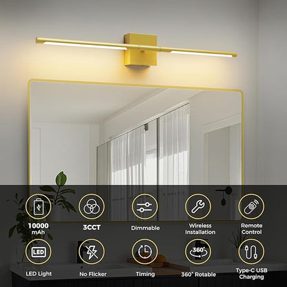 L LOHAS LED Battery Operated Wall Sconces Set of 2, Battery Wall Sconce 10000mAh, Gold Rechargeable Sconces 3CCT, 28.1 Inch Wireless Wall Lights, Sconce Wall Decor for Bedroom, Living Room