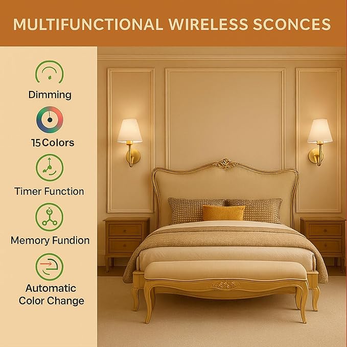 Wireless Wall Sconces Set of 2 with Remote — Gold Pleated Shades Cordless Rechargeable E26 Bulbs, 12 RGB Colors + 3000K/4000K/6000K, Dimmable Wall Mounted Lamps for Bedroom Living Room Hallway