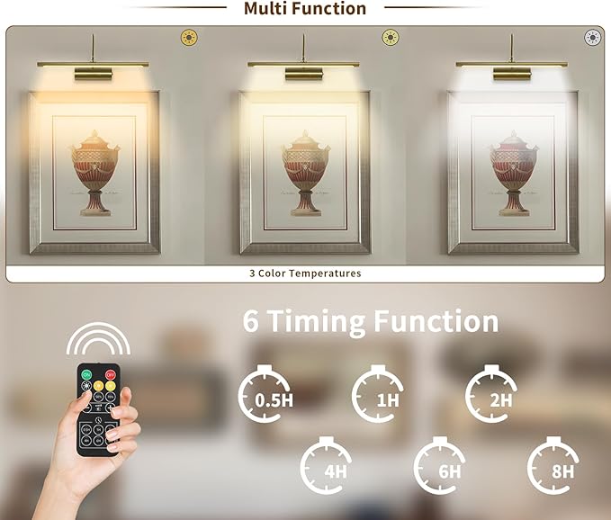 JOOSENLUX Battery Operated Picture Lights Gold Wall Lights Wireless Flexible Neck with Remote Rechargeable Wall Lights for Pictures 16