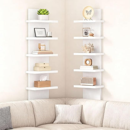 HOOBRO 5 Tier Wall Shelf Unit, 2 Pack Floating Shelves Wall Mounted, Wall Mount Vertical Shelving, Floating Storage Rack, Organizer Tall Tower Design for Livingroom, Bedroom, Kitchen, White WT18BJP201