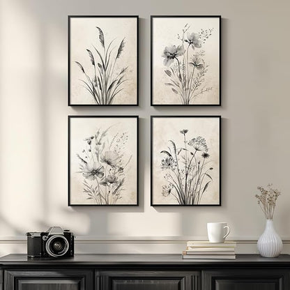 Framed Boho Vintage Botanical Wall Art, 4 Piece Black and White Floral Canvas Prints for Modern Farmhouse Bathroom, Natural Rustic Flower Artwork for Bedroom Kitchen Hallway Wall Decor, 11x14