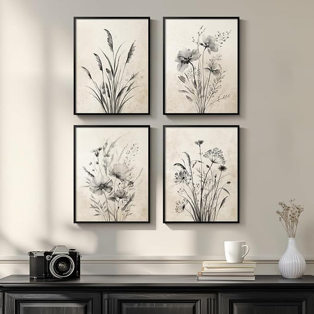 Framed Boho Vintage Botanical Wall Art, 4 Piece Black and White Floral Canvas Prints for Modern Farmhouse Bathroom, Natural Rustic Flower Artwork for Bedroom Kitchen Hallway Wall Decor, 11x14