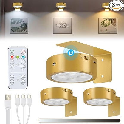 3Pcs Rechargeable Picture Lights,Battery Operated Wall Lights for Pictures with Remote Dimmable and Timer, 3 Lighting Modes Wireless Art Display Light for Picture Frame Paintings-Gold