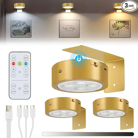 3Pcs Rechargeable Picture Lights,Battery Operated Wall Lights for Pictures with Remote Dimmable and Timer, 3 Lighting Modes Wireless Art Display Light for Picture Frame Paintings-Gold