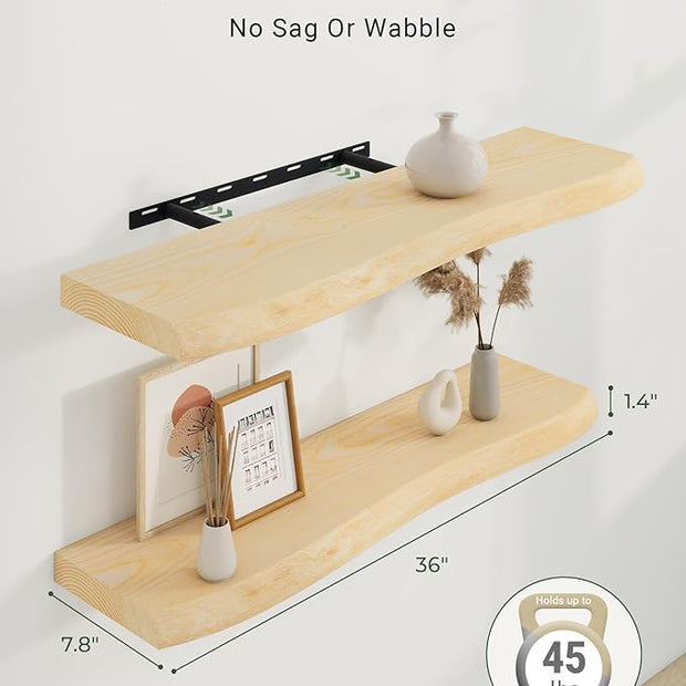 Axeman 36" Solid Wood Floating Shelves for Wall Decor, USA-Sourced Rustic Ash Wood Live Edge Shelf with Upgraded Heavy Invisible Bracket, Wall Mounted Shelf for Kitchen Bathroom Living Room, Natural