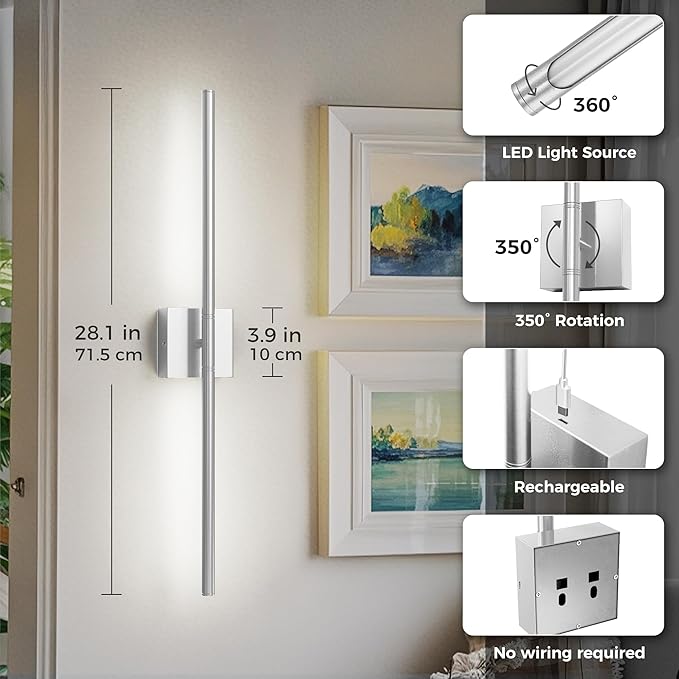 L LOHAS LED Battery Operated Wall Sconces Set of 2, Battery Wall Sconce 10000mAh, Nickel Rechargeable Sconces 6000K, 28.3 Inch Wireless Wall Lights, Sconce Wall Decor for Bedroom, Living Room