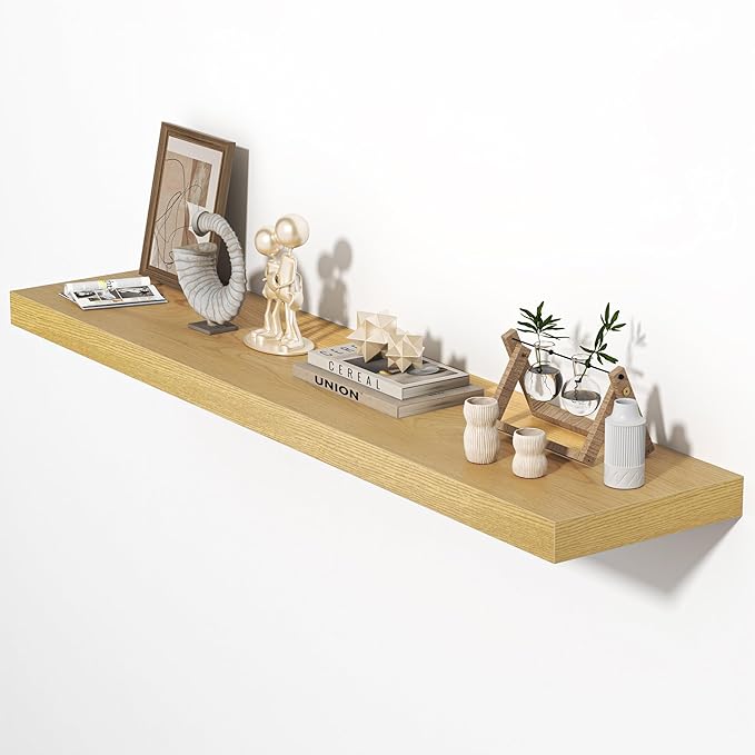 48 Inch Floating Shelves for Wall, Wooden Wall Mounted Display Shelves with Invisible Brackets for Living Room, Bedroom, Bathroom, Kitchen Decor and Storage, Set of 1, Oak