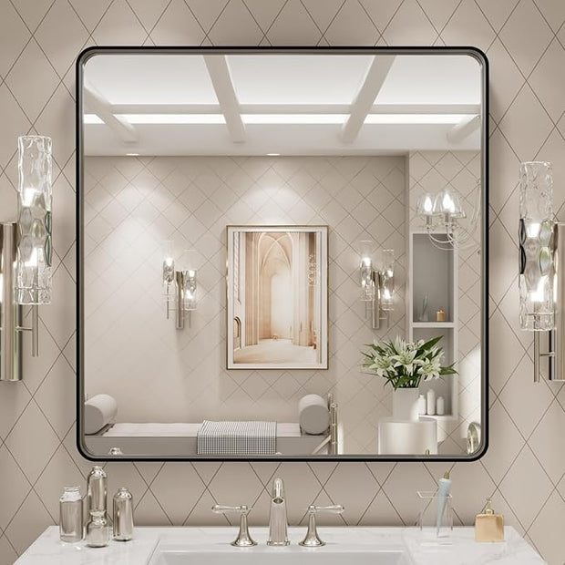 LOAAO 30x30 Inch Black Metal Framed Bathroom Mirror for Wall, Matte Black Bathroom Vanity Mirror Farmhouse, Large Rounded Rectangle Mirror, Anti-Rust, Hangs Horizontally or Vertically