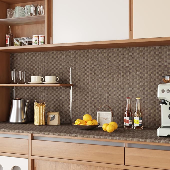 CRE8TIVE Tan Brown Rattan Peel and Stick Wallpaper Non-Textured Weaving Cane Wallpaper for Bedroom Bathroom Faux Woven Rattan Look Contact Paper Waterproof Vinyl for Cabinets Table Nightstand 12