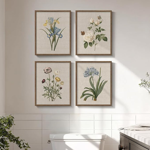 Framed Botanical Wall Art for Bathroom, 4 Piece Vintage Floral Canvas Painting Prints Artwork Farmhouse Wall Decor, Rustic Flower Butterfly Pictures for Bedroom Kitchen Hallway Home Decor, 8x10 Inch