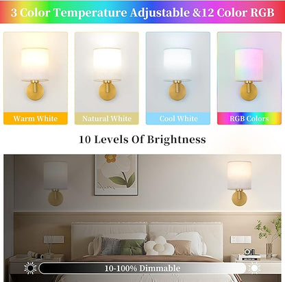 Battery Operated Wall Sconce Set of 2,Rechargeable Wall Lights with Remote Control,Wireless Wall Sconces with 3000mAh Detachable LED Bulb,15 Colours Dimmable Wall Lamp for Bedroom Living Room Hallway