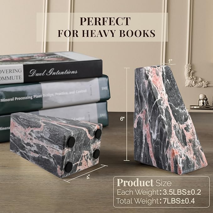 Koville Marble Bookends for Shelves, Large Bookends for Heavy Books, Natural Stone Book Stopper for Books CD Movies, Aesthetic Decorative Book Ends (Grey&Pink)