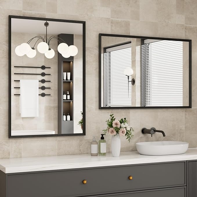 Bathroom Vanity Mirror 24x36 Inch, Matte Black Rectangle Bathroom Mirror, Anti-Rust, 4MM Tempered Glass, Wall-Mounted Mirror, Hangs Horizontally or Vertically for Bathroom & Bedroom