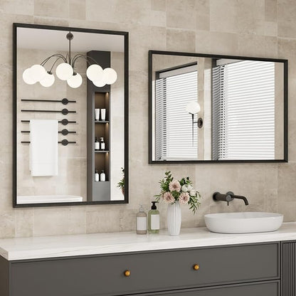 Bathroom Vanity Mirror 24x36 Inch, Matte Black Rectangle Bathroom Mirror, Anti-Rust, 4MM Tempered Glass, Wall-Mounted Mirror, Hangs Horizontally or Vertically for Bathroom & Bedroom