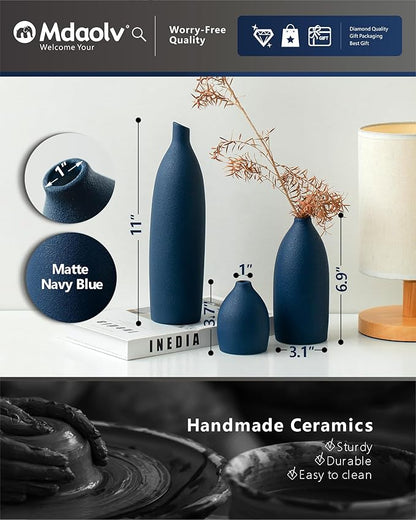 Matte Blue Vase Set Navy Blue Decor Coastal Decor Vases for Kitchen Island Living Room Office Table Fireplace Mantle Decorations & Bathroom Shelf Decor Centerpiece Table Decorations Ceramic