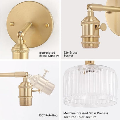 Vintage Battery Operated Wall Sconce with Clear Striped Glass Lampshade 5000 mAh Rechargeable Battery Powered Wall Light with Remote Control for Bedside Bedroom Doorway