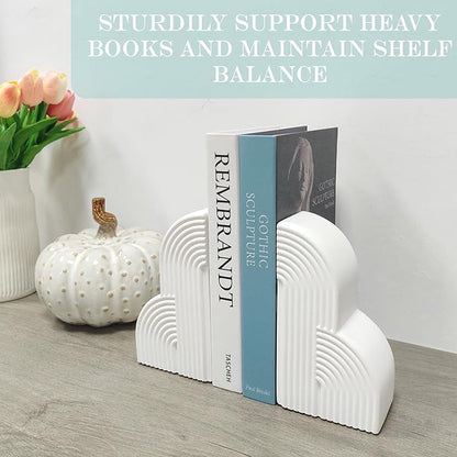 Decorative Book Ends for Heavy Books - Concrete Clound Aesthetic Bookends - Set of 2 Boho Book Stopper for Modern Home Office Bookshelf Decor (Concrete-White)