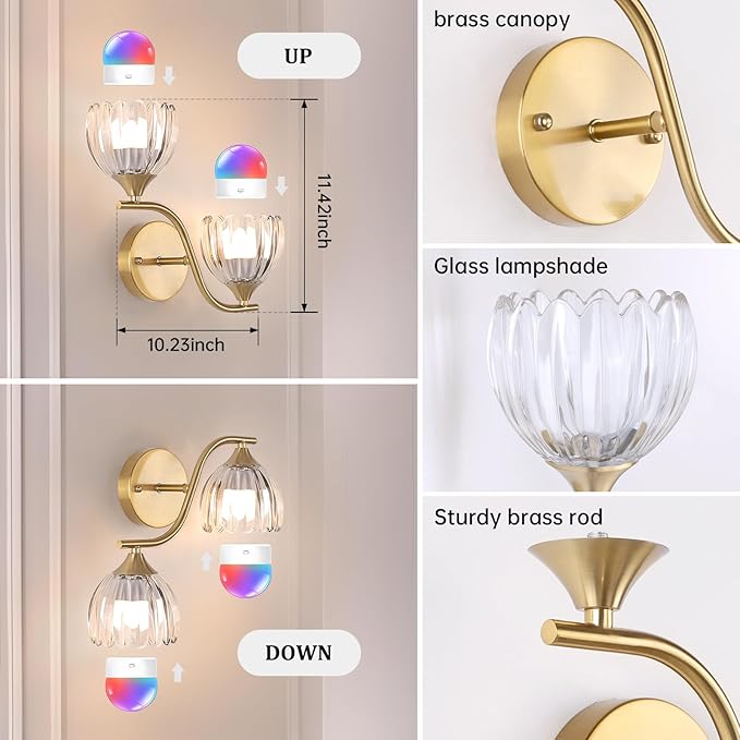Battery Operated Wall Sconce, 2-Lights Vinatge Brass Wall Lighting with Clear Tluip Shade Rechargeable Bulb with Remote for Living Room, Bedroom