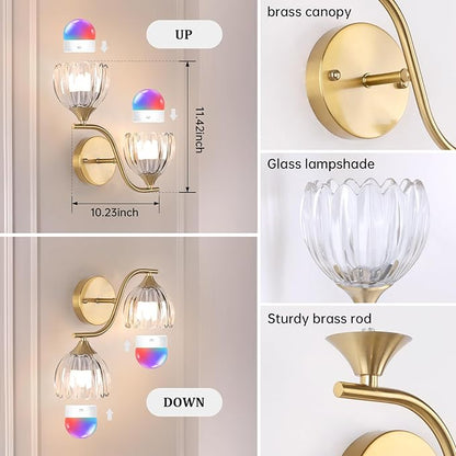 Battery Operated Wall Sconce, 2-Lights Vinatge Brass Wall Lighting with Clear Tluip Shade Rechargeable Bulb with Remote for Living Room, Bedroom