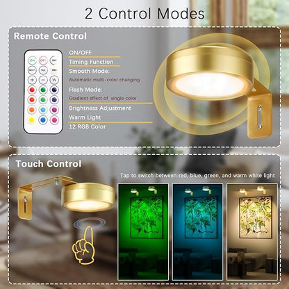 3 Pack Gold Picture Lights for Wall Battery Operated Rechargeable, 12 RGB Color Changing LED Wall Art Light, Magnetic Painting Light with Remote Control,Gallery Lights Photo Sconce for Frame