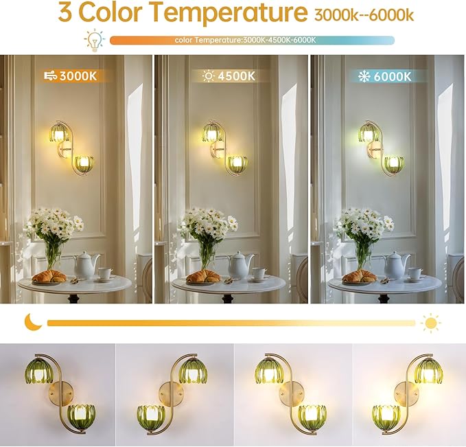 Battery Operated Wall Sconce, 2-Lights Vinatge Brass Wall Lighting Up and Down with Green Tulip Shade for Living Room, Bedroom, Symmetrical 2 Pack