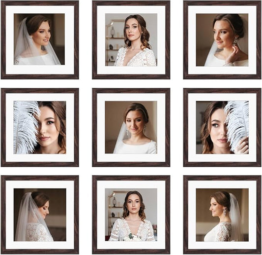 10x10 Picture Frame Set of 9, Display Pictures 8x8 with Mat or 10x10 without Mat, Multi Collage Gallery Square Photo Frames for Wall or Tabletop, Brown