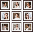 10x10 Picture Frame Set of 9, Display Pictures 8x8 with Mat or 10x10 without Mat, Multi Collage Gallery Square Photo Frames for Wall or Tabletop, Brown