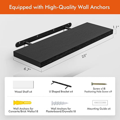 23’’Black Floating Shelves for Wall,Rustic Wood Shelf for Room Decor/Storage/Display,Small Bookshelf,Wall Mounted Hanging Shelves for Bedroom, Bathroom, Living Room, Kitchen,Set of 4