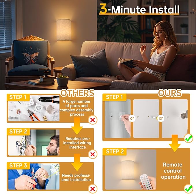 Battery Operated Wall Sconce Set of 2, Rechargeable 6000mAh Magnetic Bulb, No Drill Stick On Cordless Wall Light, RGB & 3 Color Temperatures Dimmable with Linen Shade for Bedroom Living Room