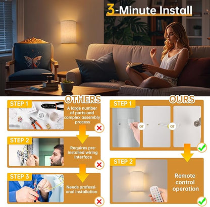 Battery Operated Wall Sconce Set of 2, Rechargeable 6000mAh Magnetic Bulb, No Drill Stick On Cordless Wall Light, RGB & 3 Color Temperatures Dimmable with Linen Shade for Bedroom Living Room