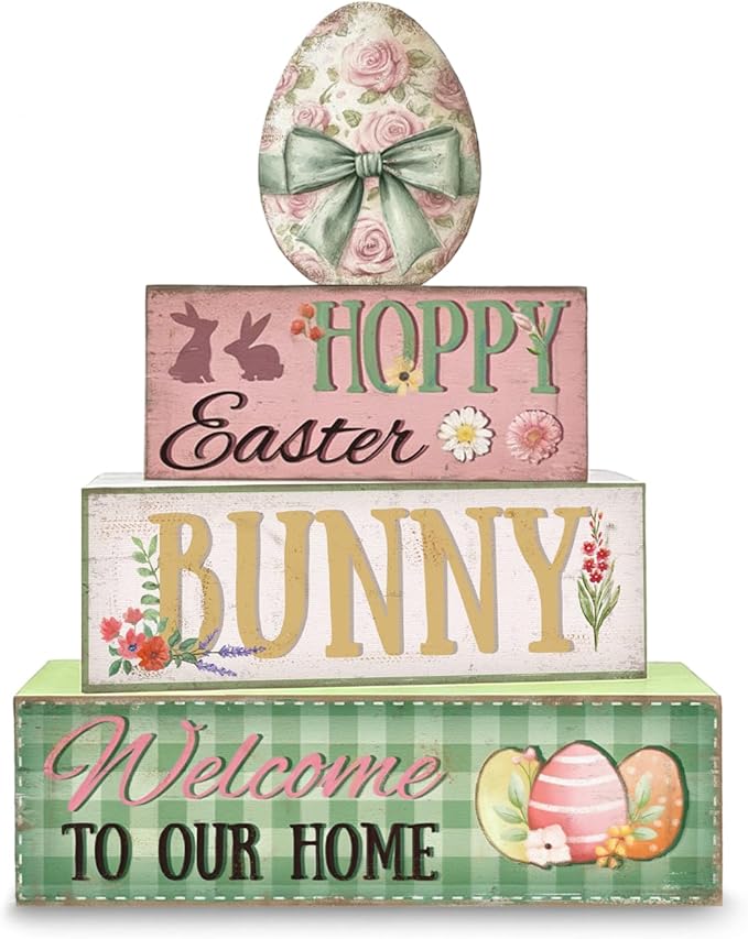 Easter Decorations, 4 Pcs Wooden Easter Table Decorations, Easter Egg Tiered Tray Decor, Vintage Wooden Table Sign for Desk Shelf Mantel Coffee Bar, Indoor Home Decor