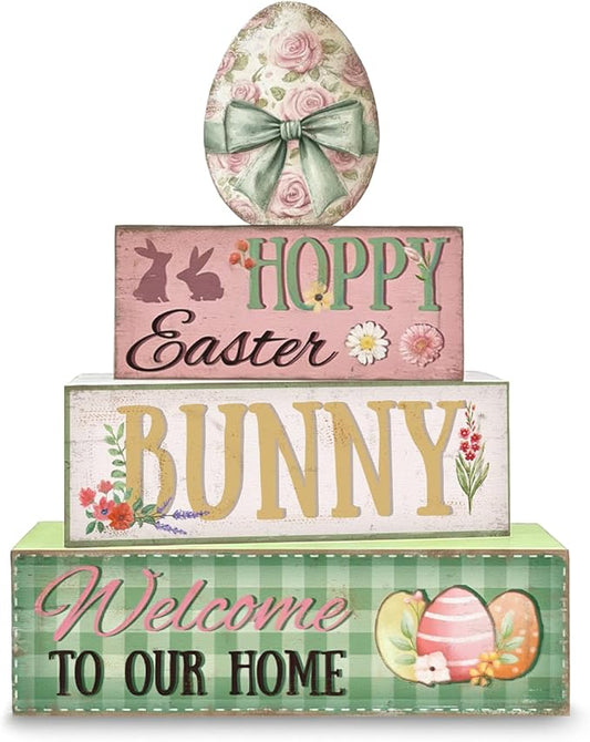 Easter Decorations, 4 Pcs Wooden Easter Table Decorations, Easter Egg Tiered Tray Decor, Vintage Wooden Table Sign for Desk Shelf Mantel Coffee Bar, Indoor Home Decor