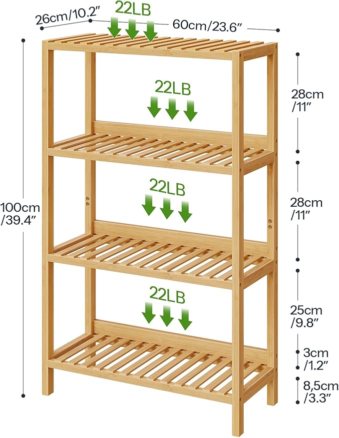 HOOBRO Bamboo Storage Shelf, 4-Tier Freestanding Shelving Unit, Multifunctional Storage Rack with Back Panel, 23.6 x 10.2 x 39.4 inches, for Bathroom, Living Room, Balcony, Kitchen, Natural YL95CJ01