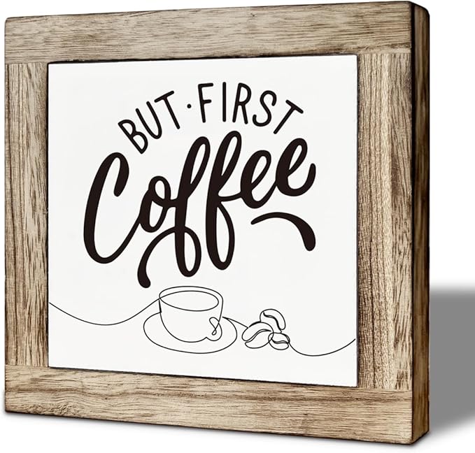 Coffee Bar Decor, But First Coffee Rustic Wood Box Signs, Funny Humor Framed Kitchen Sign, Square Wood Block Sign Table Decor, Freestanding Home Decoration 5.9×5.9 inch