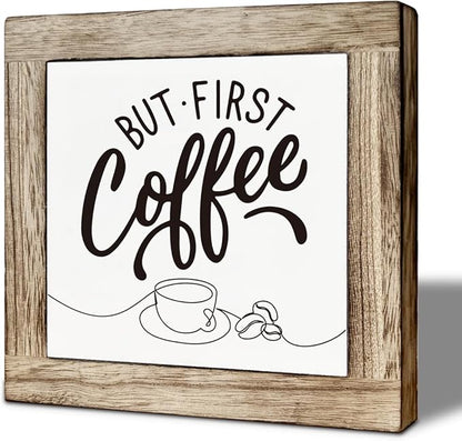 Coffee Bar Decor, But First Coffee Rustic Wood Box Signs, Funny Humor Framed Kitchen Sign, Square Wood Block Sign Table Decor, Freestanding Home Decoration 5.9×5.9 inch