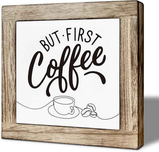 Coffee Bar Decor, But First Coffee Rustic Wood Box Signs, Funny Humor Framed Kitchen Sign, Square Wood Block Sign Table Decor, Freestanding Home Decoration 5.9×5.9 inch