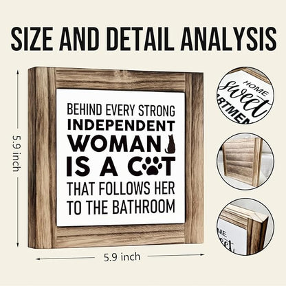 Cat Wood Sign - Independent Woman & Bathroom Decor, Farmhouse Shelf Decor