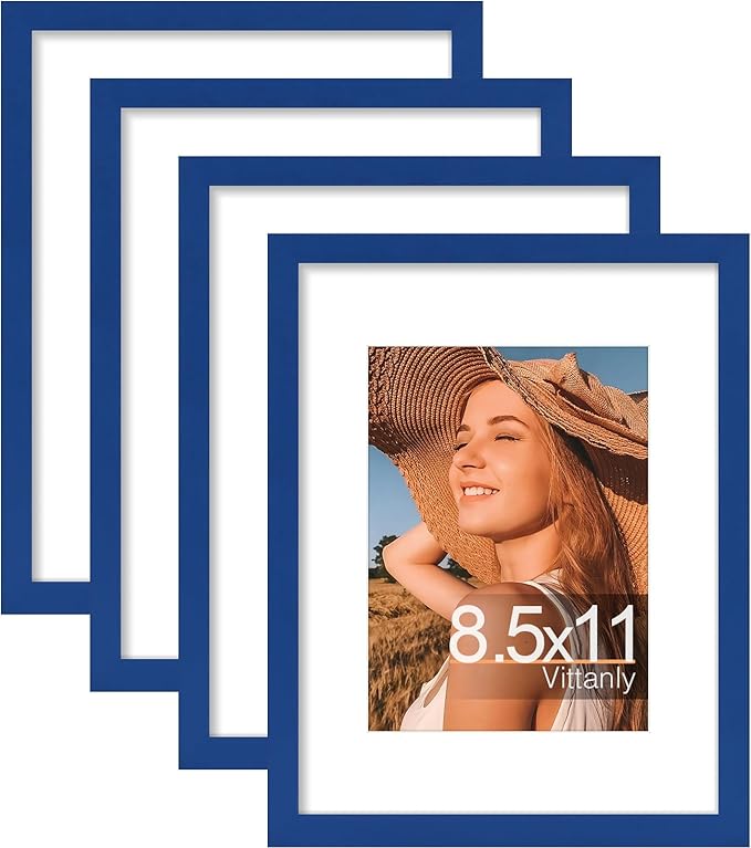 Vittanly 8.5x11 Picture Frames Set of 4, Display Pictures 6x8 with Mat or 8.5x11 without Mat, Gallery Wall Frame Set for Wall Mounting, Engineered Wood with Shatter Resistant Plexiglass, Royal Blue