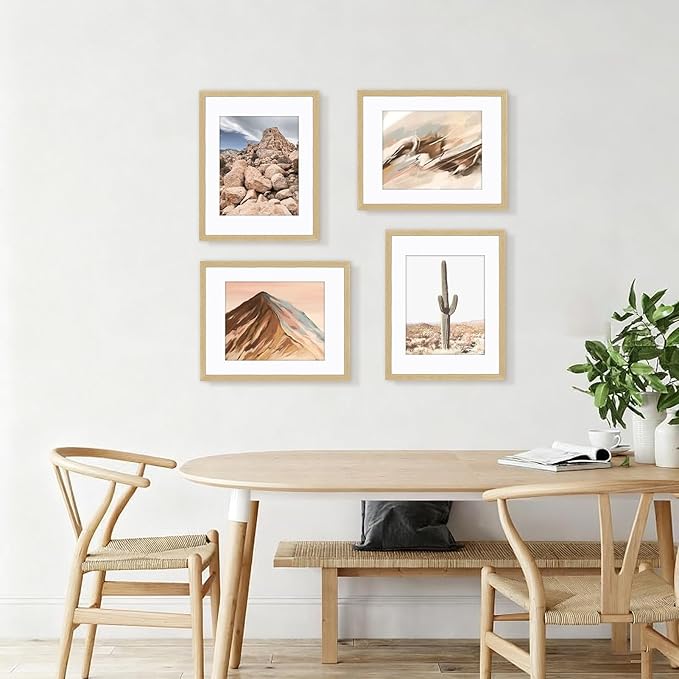 ATOBART 11x14 Picture Frame Set of 4, Displays 8x10 with Mat or 11x14 Without Mat, Photo Frames for Wall Hanging or Tabletop, Includes HD Plexiglass, Natural Wood Grain