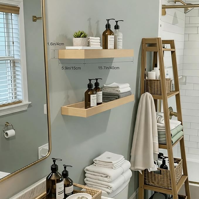 Floating Shelves for Wall, 15.7 Inch Picture Ledge with Raised Lip, Bathroom Shelves Over Toilet, Nursery Book Shelves, Kitchen Spice Rack, Wall Decor Display Ledge, Set of 2, Oak
