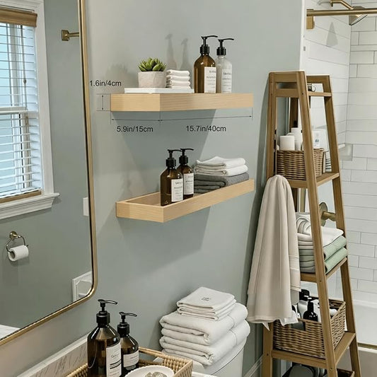 Floating Shelves for Wall, 15.7 Inch Picture Ledge with Raised Lip, Bathroom Shelves Over Toilet, Nursery Book Shelves, Kitchen Spice Rack, Wall Decor Display Ledge, Set of 2, Oak