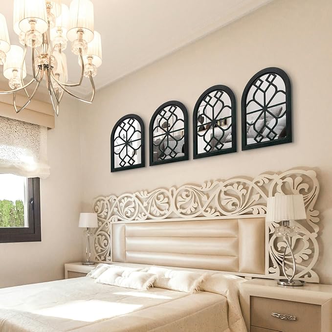 ZEXUIRU Set of 4 Arched Window Wall Mirror Rustic Farmhouse Accent Mirror Wood Framed Entry Wall Decoration for Living Room Bathroom Bedroom Kitchen