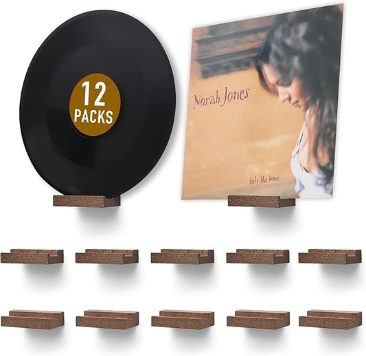 Wood Vinyl Record Shelf Wall Mount, Small Wall Record Holder Display Shelf, Vinyl Record Shelves Record Album Display Holder for LP, CD, Book Art Storage Vintage Home Decor (12, Light Walnut)