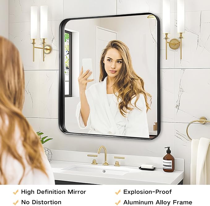 30x30 Inch Bathroom Mirrors for Over Sink - Black Metal Framed Square Mirror for Bathroom, Black Wall Mounted Vanity Mirrors for Restroom, Entryway, High-Definition