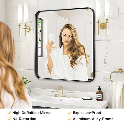 30x30 Inch Bathroom Mirrors for Over Sink - Black Metal Framed Square Mirror for Bathroom, Black Wall Mounted Vanity Mirrors for Restroom, Entryway, High-Definition