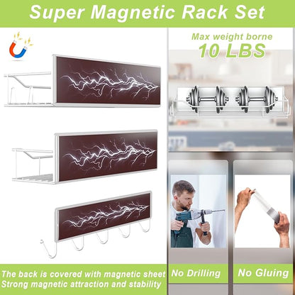 Magnetic Spice Rack for Refrigerator, 5 Pack Metal Strong Magnet Spice Organizer Shelves with Hook Rack, Space Saving Magnetic Fridge Shelf for Home Kitchen Organization and Storage (White)